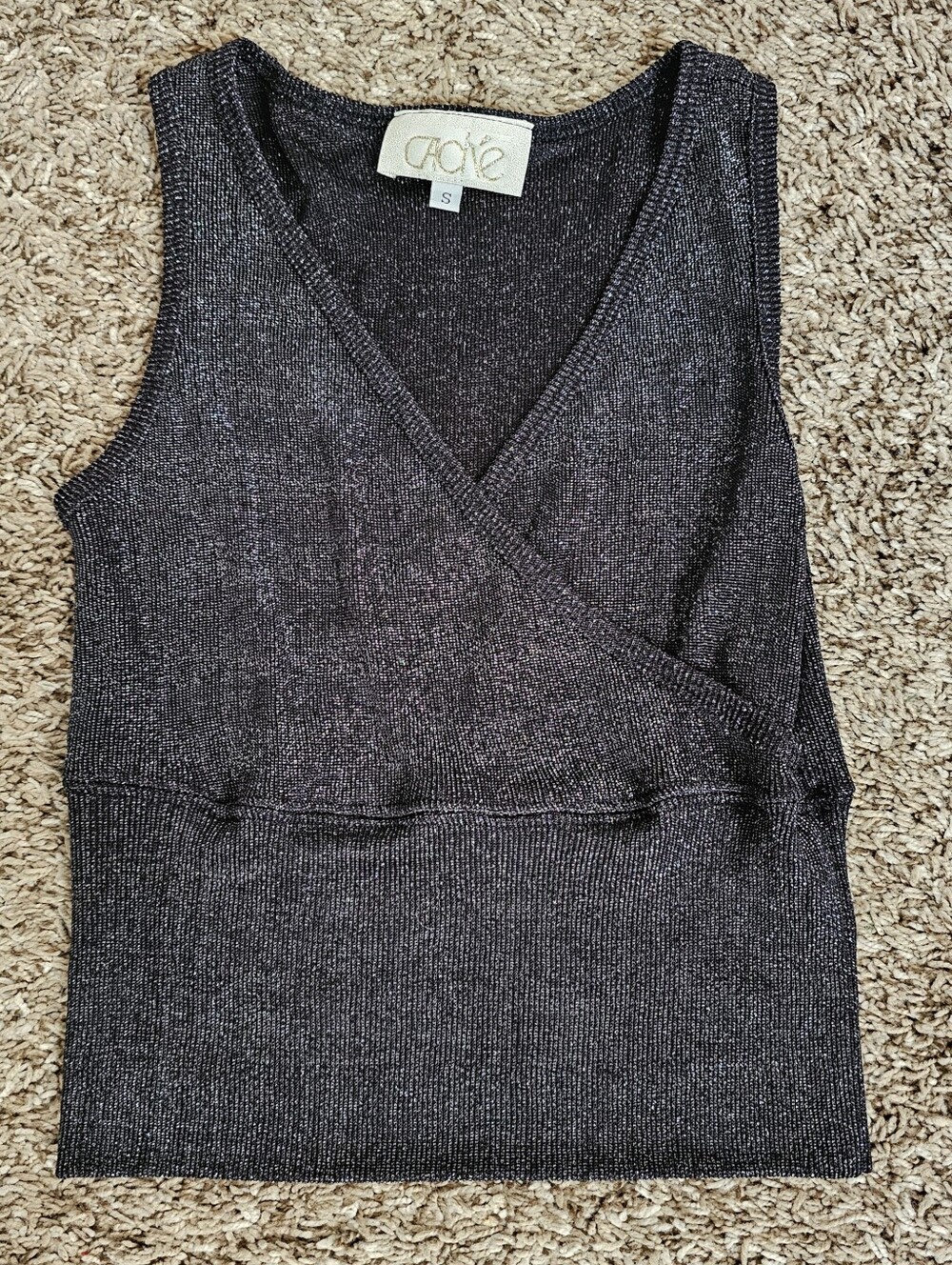 Vintage Cache S black sparkle wrap tank top blouse Small metalic silver shirt